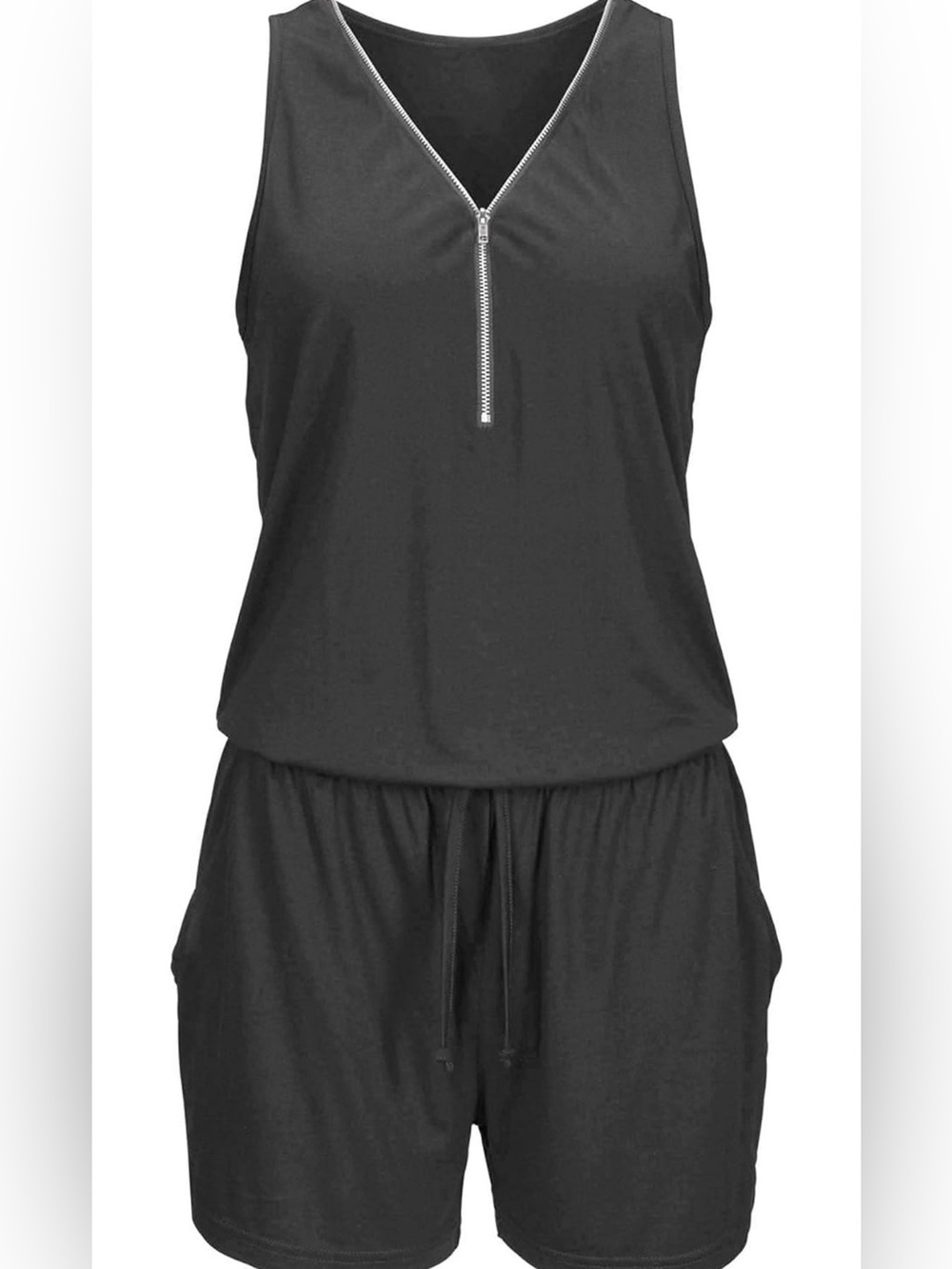 Casual Sleeveless Black Zip-Front Romper